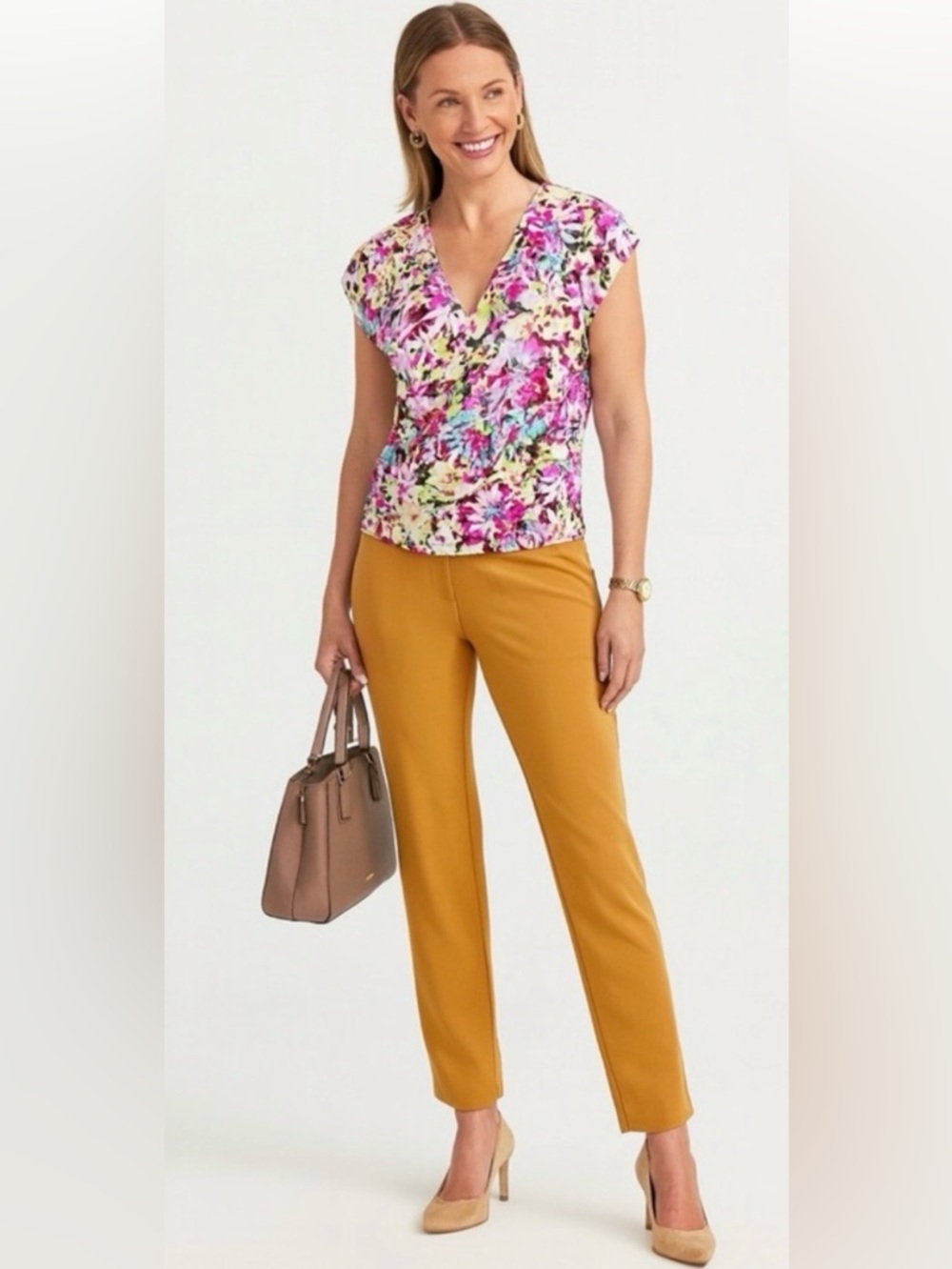 Cabi Eden Flowy Draped Boho Fall Floral Top Rose Gold Closure V-Neckline Size M